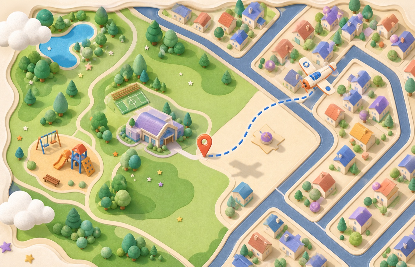 Illustrated map of Los Cerritos Park and Alder Avenue with a destination pin